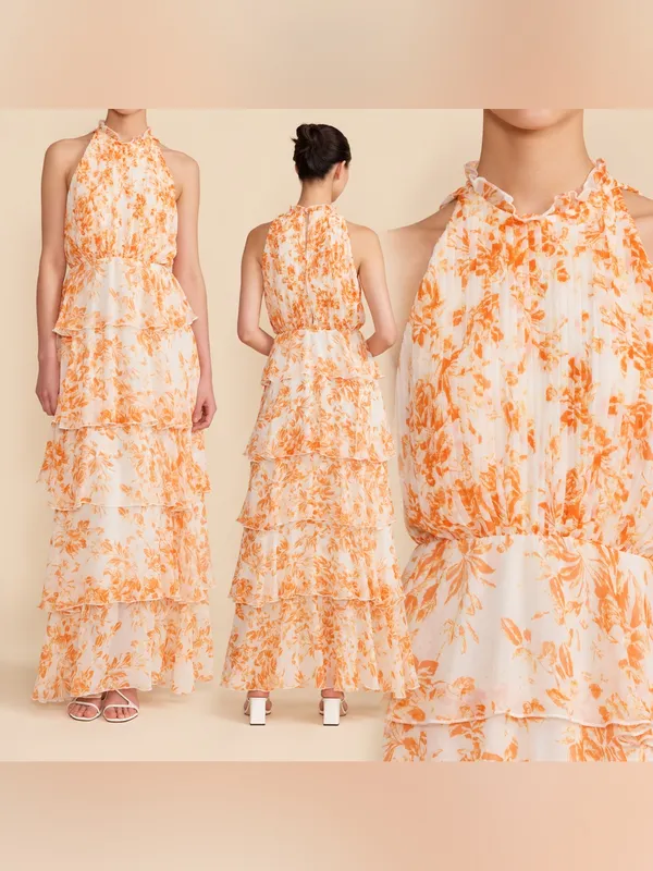 Lucy Paris Mari Orange Floral Tiered Halter Maxi Dress XS NWT $130 - Image 2