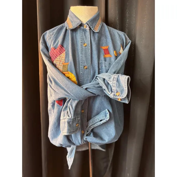 Vintage PTKV Denim Sewing Quilting Patchwork Button Down Shirt Blue Medium‎ - Image 7