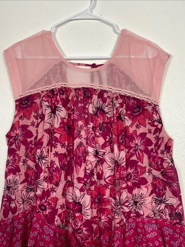 Free People Angelica Printed Tunic Mesh Top Pink Floral Blouse Sleeveless XS/TP - Image 6