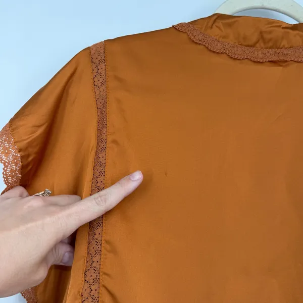Women's L Rust Satin Lace Trim Tie Front Blouse Romantic Boho Coquette - Image 5