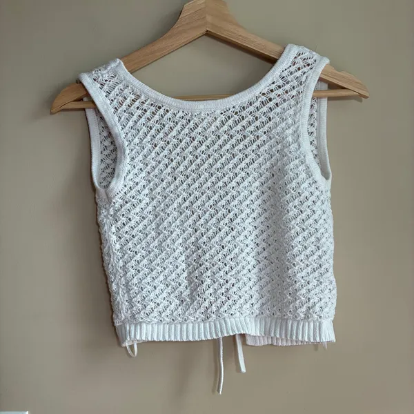 Hippie Rose bohemian white knit vest open front ribbons women's size‎ XS cotton - Image 7