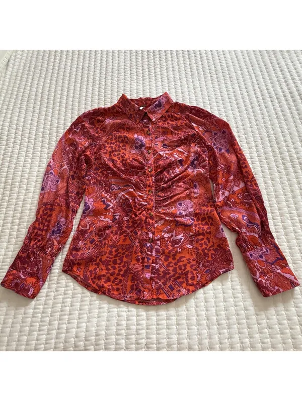 Free People Bianca S Small Button Up Top Red Orange Animal & Floral Print Boho - Image 9