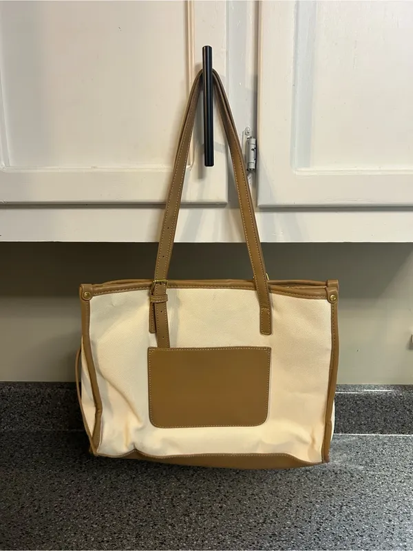 Mystique Boutique Cream and Tan Canvas Tote Bag - Image 3