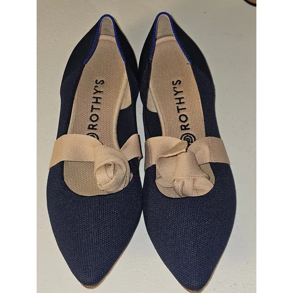Rothy's Womens Navy The Point‎ Mary Jane Flats Shoes With Tan Bow Strap 10.5 - Image 3