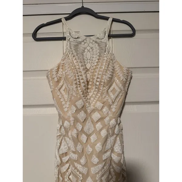 Dave & Johnny Y2K White Nude Art Deco Geometric Sequin Formal Prom‎ Dress Fairy - Image 4