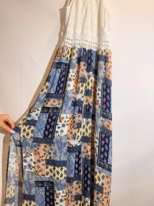 Boho Patchwork Floral Lace Halter Tie Waist Flowy Maxi Dress Size M - Image 11