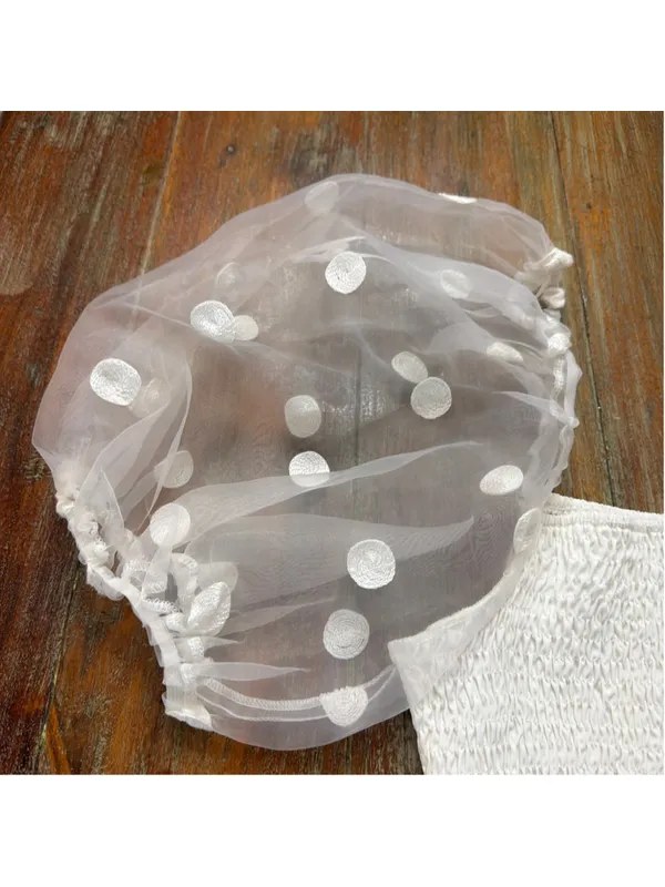 idem ditto White Smocked Puff Sleeve Crop Top NWOT Size Medium Sheer Polka Dot - Image 3