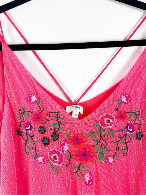 UMGEE Pink Swiss Dots Floral Strappy Lace Trim Top Large Boho Festival Concert - Image 8