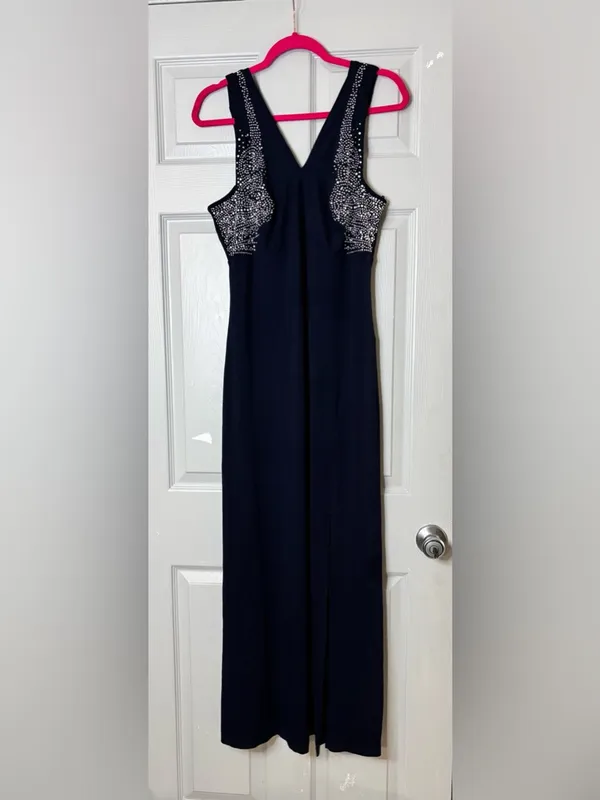 Vintage Cache Women's Evening Dress Navy Blue Maxi Beaded Chest XL Stretch Rayon - Image 7