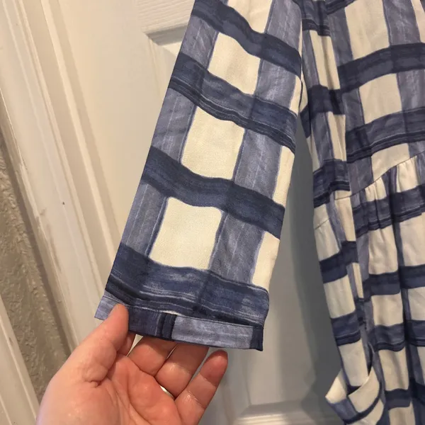 Maeve Devry Blue White Plaid Dress‎ Pockets Tie Waist 3/4 Sleeve XS Spring Party - Image 4