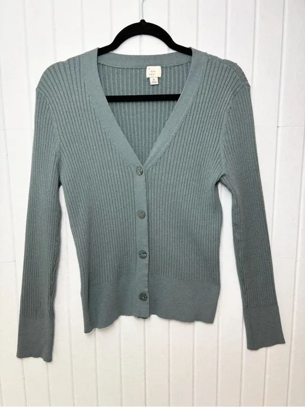 a‎ new day Sage Green Ribbed V-Neck Button Cardigan Size M - Image 3