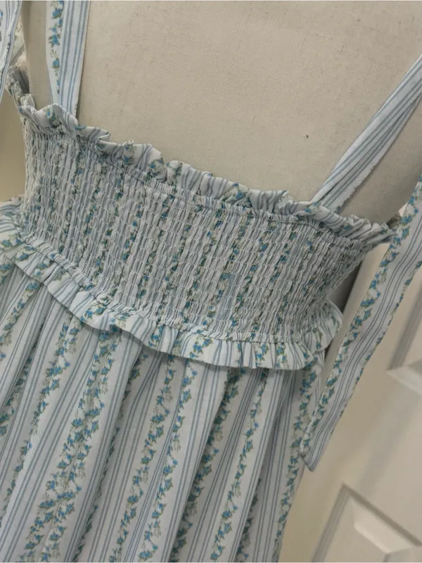 Ivory & Blue Floral Striped Smocked Tie-Shoulder Maxi Dress | Size Large - Image 9