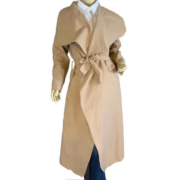 Parisian Camel Color Faux Wool Waterfall Shawl Open-Front Trench Jacket (M) - Image 2