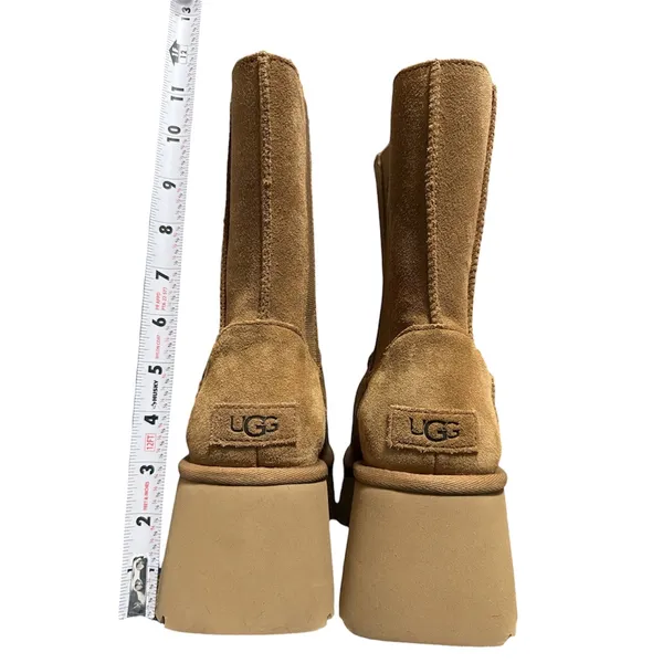 UGG suede boots with chunky platform sole. Side zipper and elastic for easy entry. Soft suede upper with clean stitching details. Neutral tan hue pairs with many outfits. - Image 4