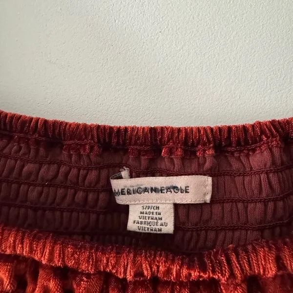 American Eagle Red Velvet Cropped‎ Smocked Blouse Flare Sleeves - Image 4