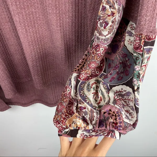 Umgee Waffle Knit Balloon Sleeve Sweater Top Sz Large Boho Patchwork - Image 12