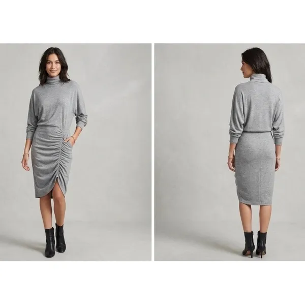 Veronica Beard Medium Grey Ruched Turtleneck Dolman Midi Dress - Image 2