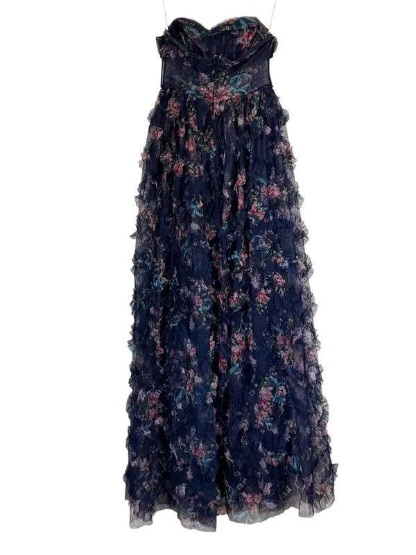 NWT Lulus Stunning Element Navy Floral Mesh Ruffled Strapless Maxi Dress - Small - Image 2