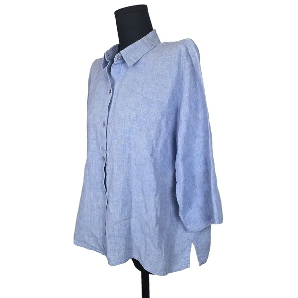 Eileen Fisher 100% Organic Linen Blue Button Down Top Size L Half Sleeve Boxy - Image 2