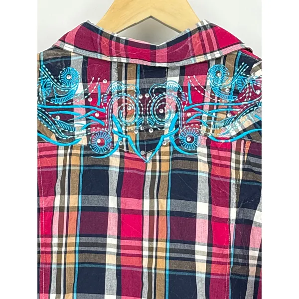 Rock‎ & Roll Cowgirl Embroidered Plaid Pearl Snap Western Shirt XL Rhinestone - Image 6