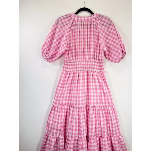 Entro Midi Dress Pink Tiered Gingham V Neck Puff Sleeve Smocked A Line Medium - Image 7