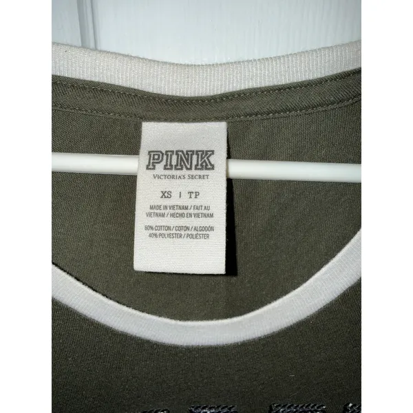 Victorias Secret PINK Womens Sequin Logo‎ Ringer T-Shirt Olive Green Gray XS - Image 2
