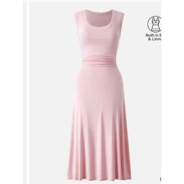 OGL Scoop Neck Side Ruched New Airy Bra Midi Dress Light Pink Size L NWT - Image 6