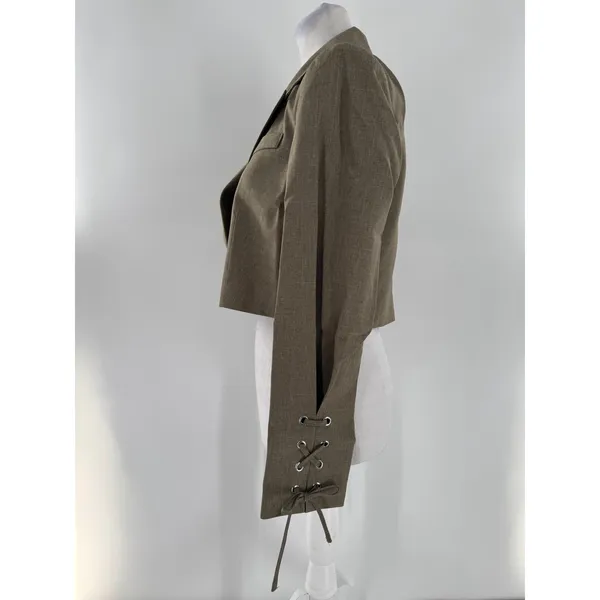 Miss Selfridge ASOS Cropped Blazer US 4 Taupe Double Breasted Lace Up Sleeves - Image 3