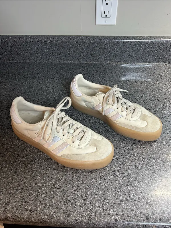 adidas Women's Cream Suede Sneakers with Iridescent Three Stripes - Image 5