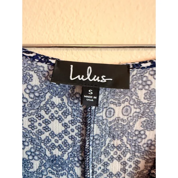 Lulus Maxi Dress Women Small Blue Tile Print Long Sleeve V-Neck Side Slit R64395 - Image 4