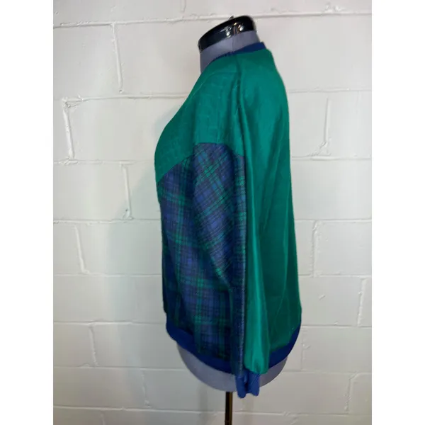 sweatshirt plaid chevron quilted green navy shoulder pads 1980s - Image 6