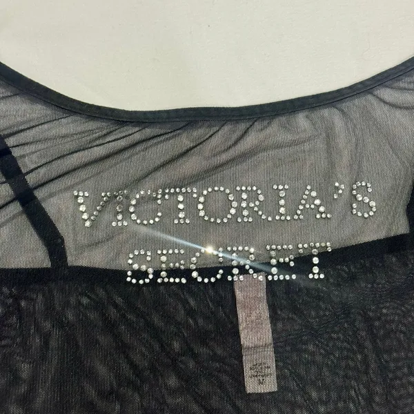 Vintage Y2K Victoria's Secret Rhinestone Spellout Black Mesh Cami Tank Top - Image 2