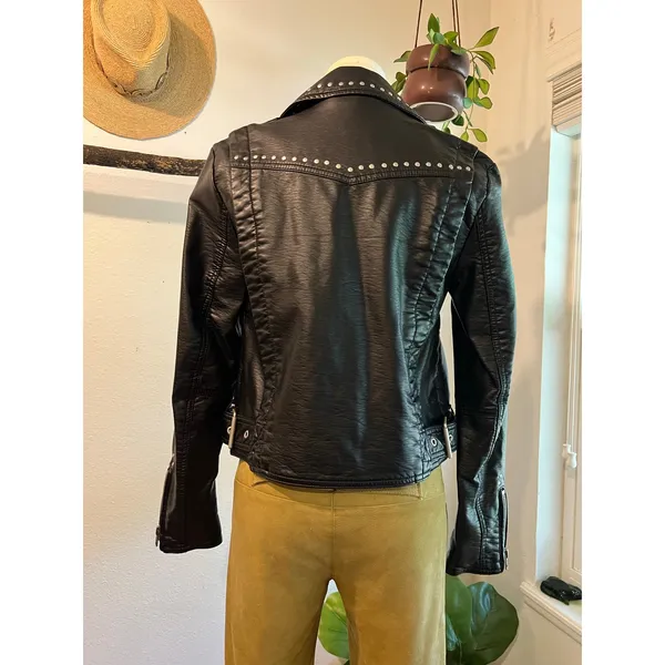 Free People Black Vegan Leather Moto Studded Zip Up Jacket Size XS Oversized - Image 3