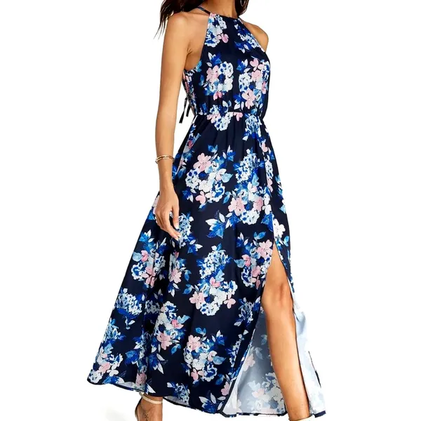 Floral Halter Neck Split Maxi Dress In Navy By Miss Floral L - Image 7