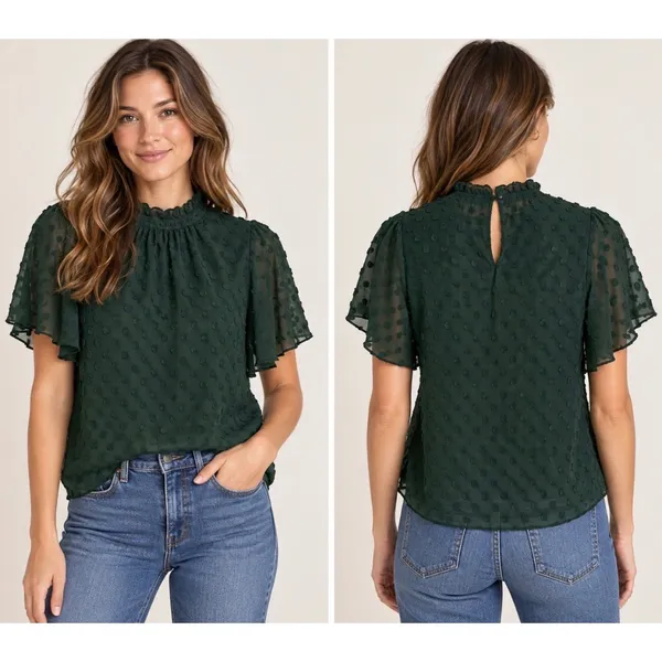 Anthropologie Feather Bone Green Swiss Dot Blouse Size 0 Sheer Flutter Sleeve - Image 2