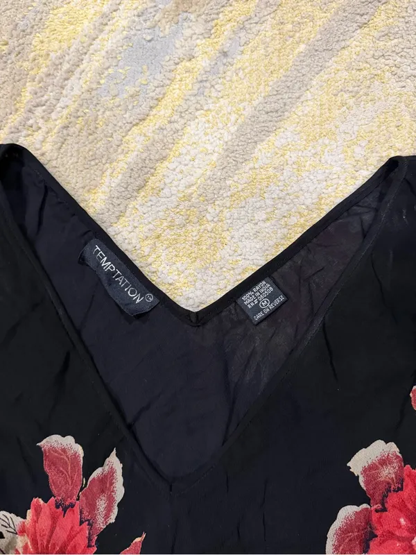 Vintage Temptation Black Floral Maxi Dress 90s Rayon Chiffon Overlay Size M - Image 4