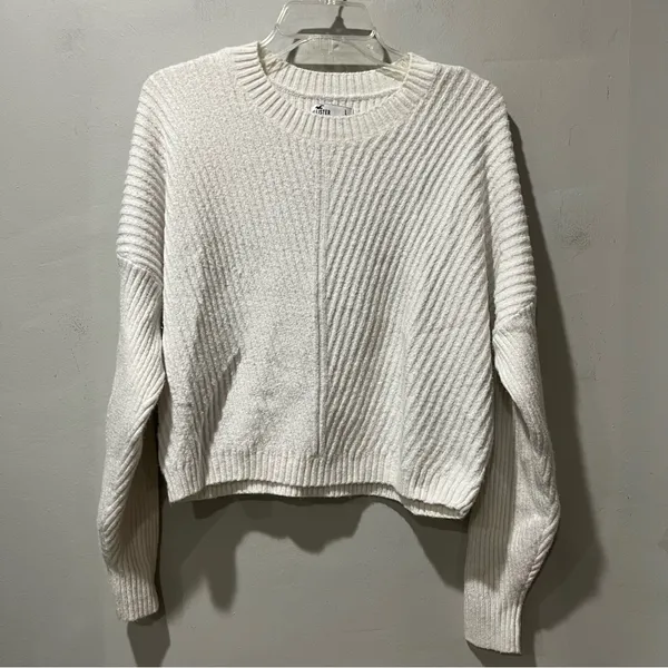 Hollister Womens Cropped Pullover Long Sleeve Knit Sweater‎ White Size Large - Image 2