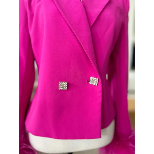 NWT NBD Elisha "Fuchsia" Hot Pink Feather Trim Rhinestone Button Blazer Glam - Image 5