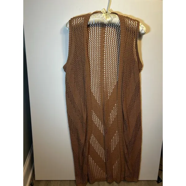 Serendipity by Victoria XL Brown Crochet Long Duster Vest Boho Festival Cardigan - Image 6