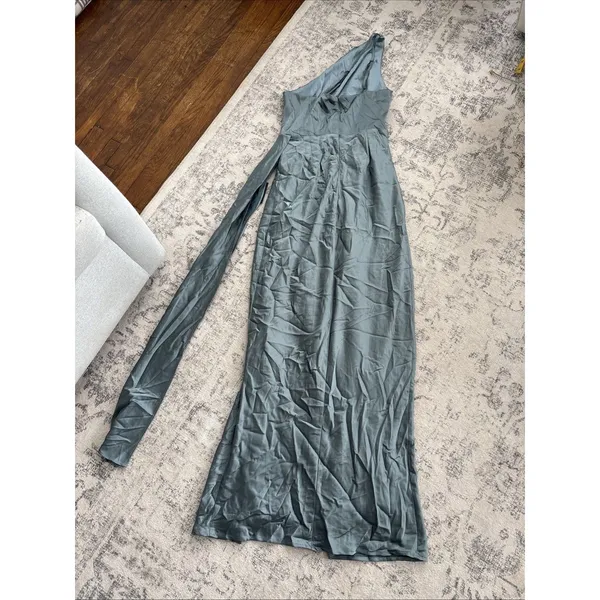 Lulus Signature Elegance Slate Blue Satin One-Shoulder Maxi Dress size Medium - Image 5