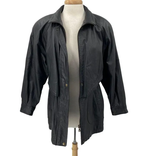 Vintage Genuine Leather Jacket Longline Layered Full Front Zipper Womens Medium - Image 5