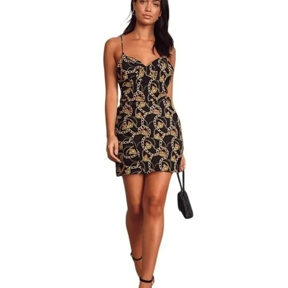 ASTR‎ The Label Mini Dress Chain Reaction Black Gold Chain Print Tie Back Small - Image 16