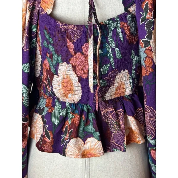 Band Of The Free Shirt Women Medium Purple Floral Puff‎ Sleeve Cropped Top NWT - Image 11
