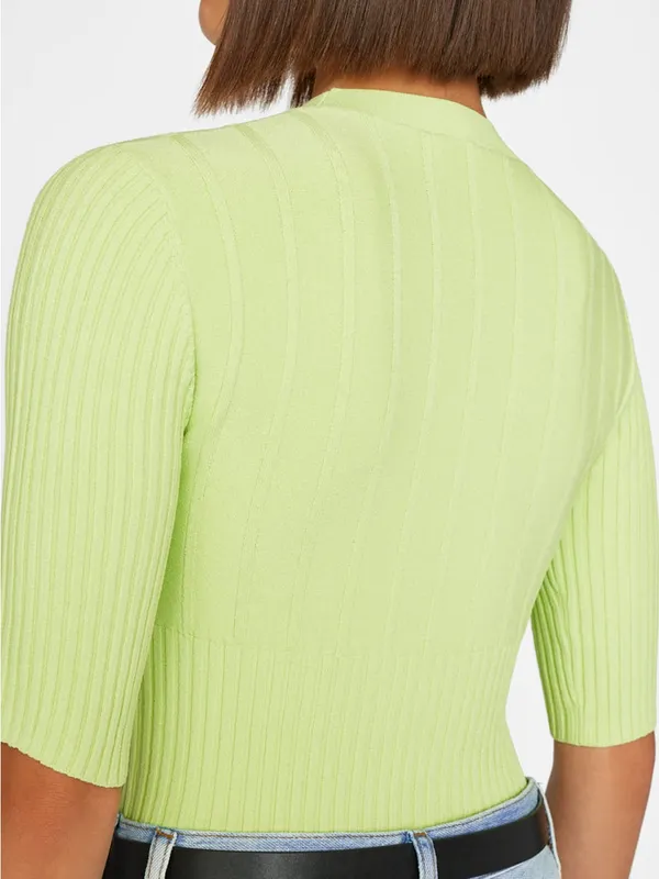 FRAME Mixed Rib Sweater In Bright Lime Green Ribbed Top Half Sleeve‎ Size Small - Image 5