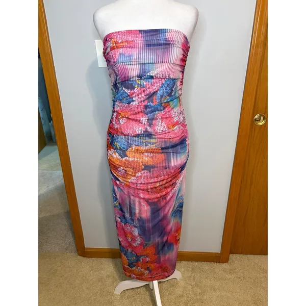 Anthropologie The Soleil Slim Strapless Ruched Mesh Midi‎ Dress Pink Abstract - Image 3