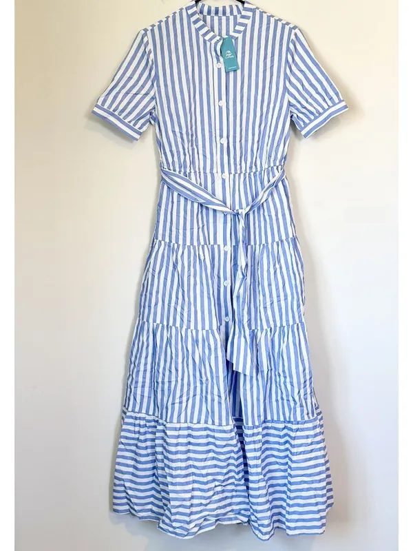 NWT Cupshe Blue Striped Puff Sleeve Front Button Maxi Dress - Size: Small - Image 3