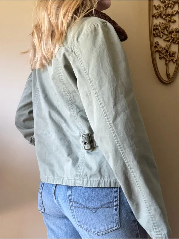 Olive Green Cotton Jacket with Brown Faux Fur Collar Size L - Image 8
