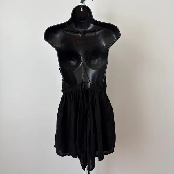 Free People Medium Black Romper Halter Neck Embroidered Gauze‎ Boho Festival - Image 5
