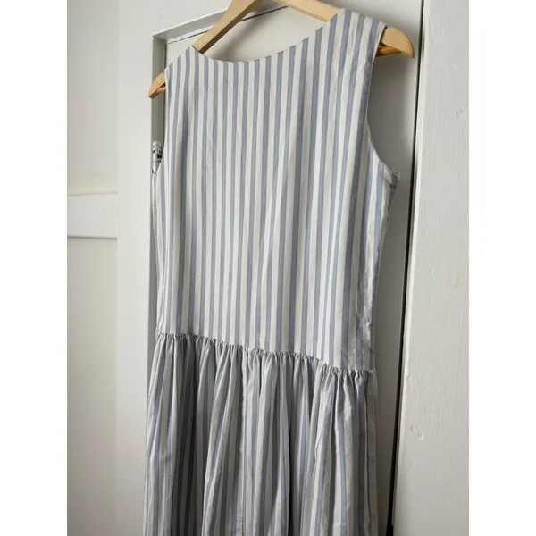 Vintage Blue White Striped Sleeveless Midi Dress Button Shoulder Drop Waist - Image 9