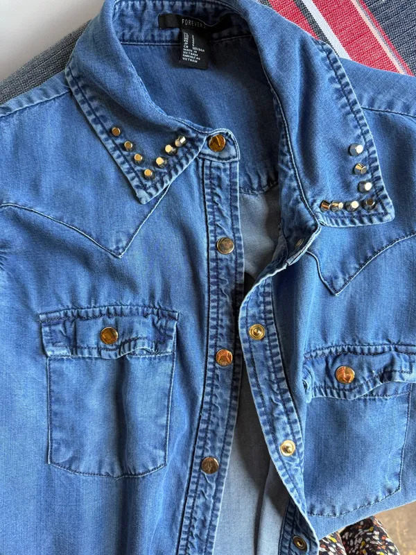 Western Snap Tencel Lyocell Front Chambray Shirt Studded Collar Small - Image 2
